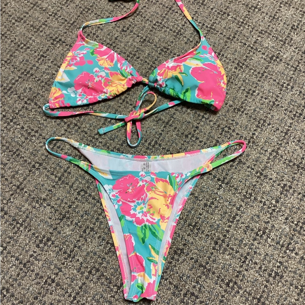 Floral Tropical String Bikini Set in Aqua with Pink & Yellow Flowers * Size S